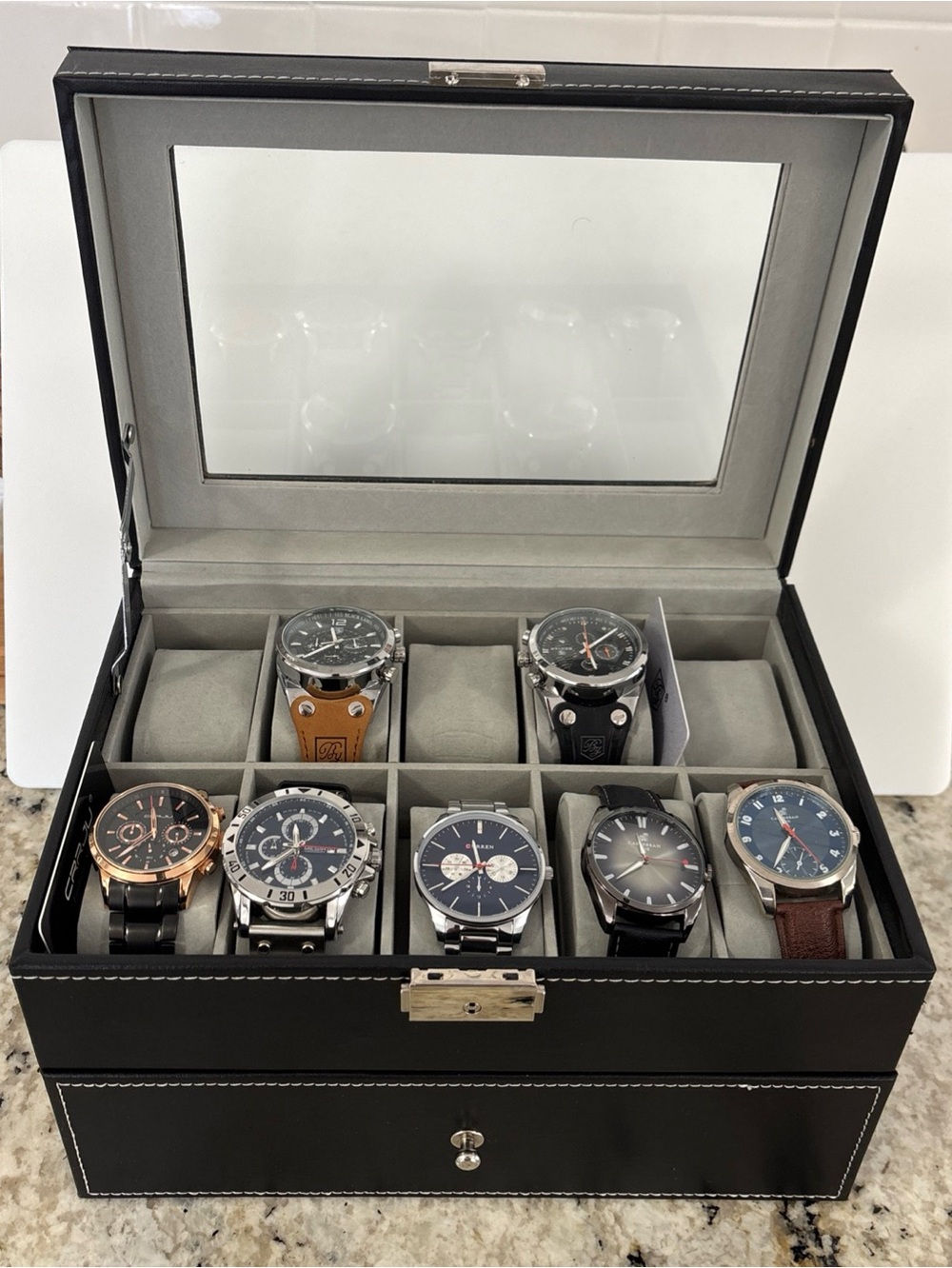 Men’s 7 Watch Lot & Case, CCRRJU, Curren, 2-Benyar, Megir, 2 Caribbean Joe.